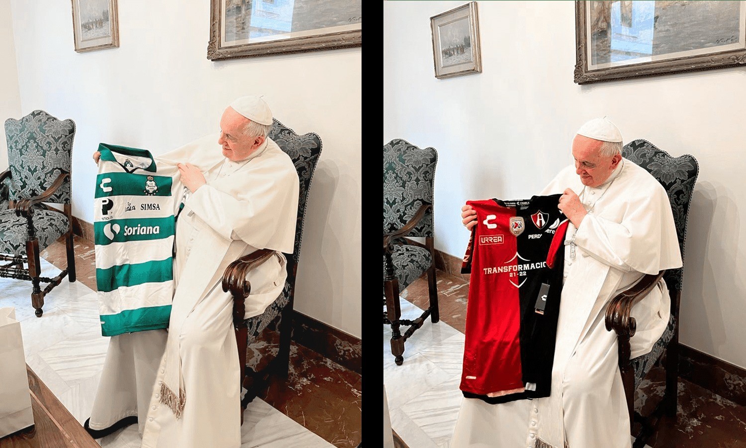 Recibe Papa Francisco playeras del Atlas y Santos