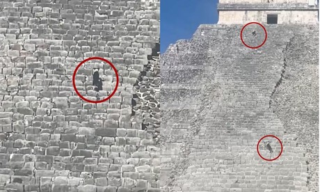 Captan a dos perritos subiendo la pirámide de Chichén Itzá