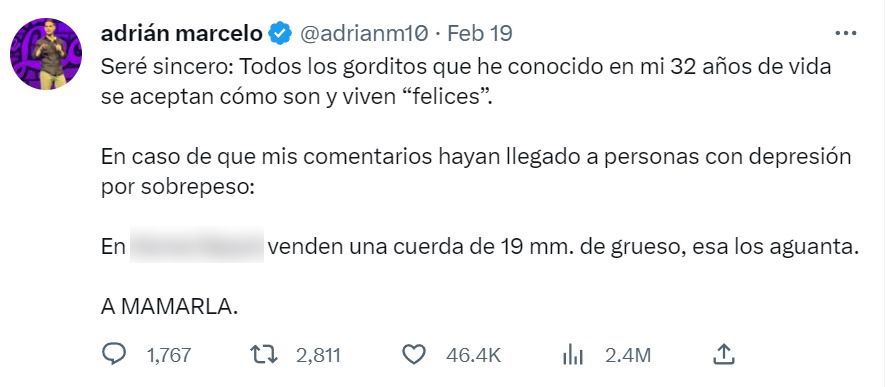 Comentario gordofóbico de Adrián Marcelo