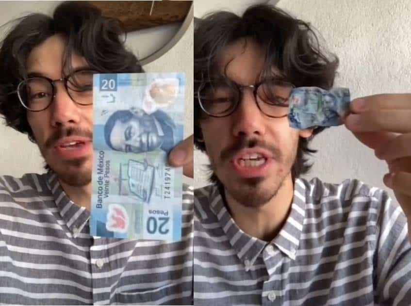 Tiktoker encoge billete de 20 pesos con este curioso método
