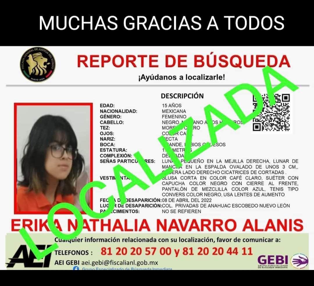 Localizan a jovencita de 15 años desaparecida en Escobedo