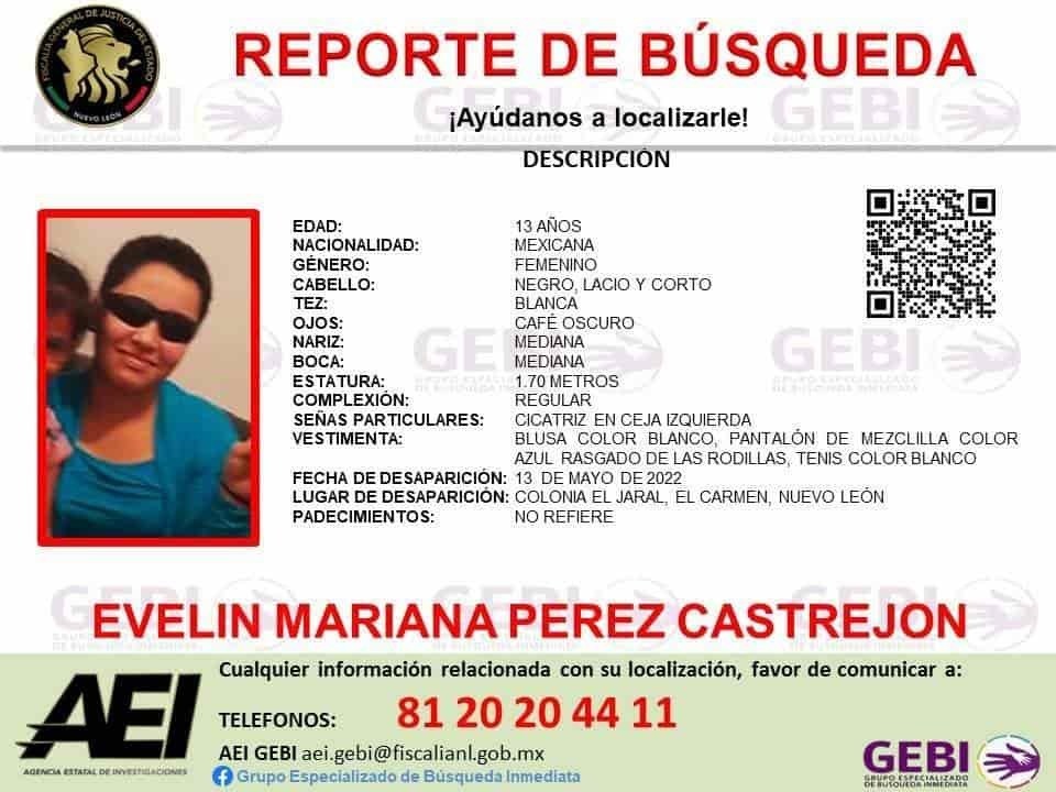Buscan a menor de 13 años desaparecida en El Carmen