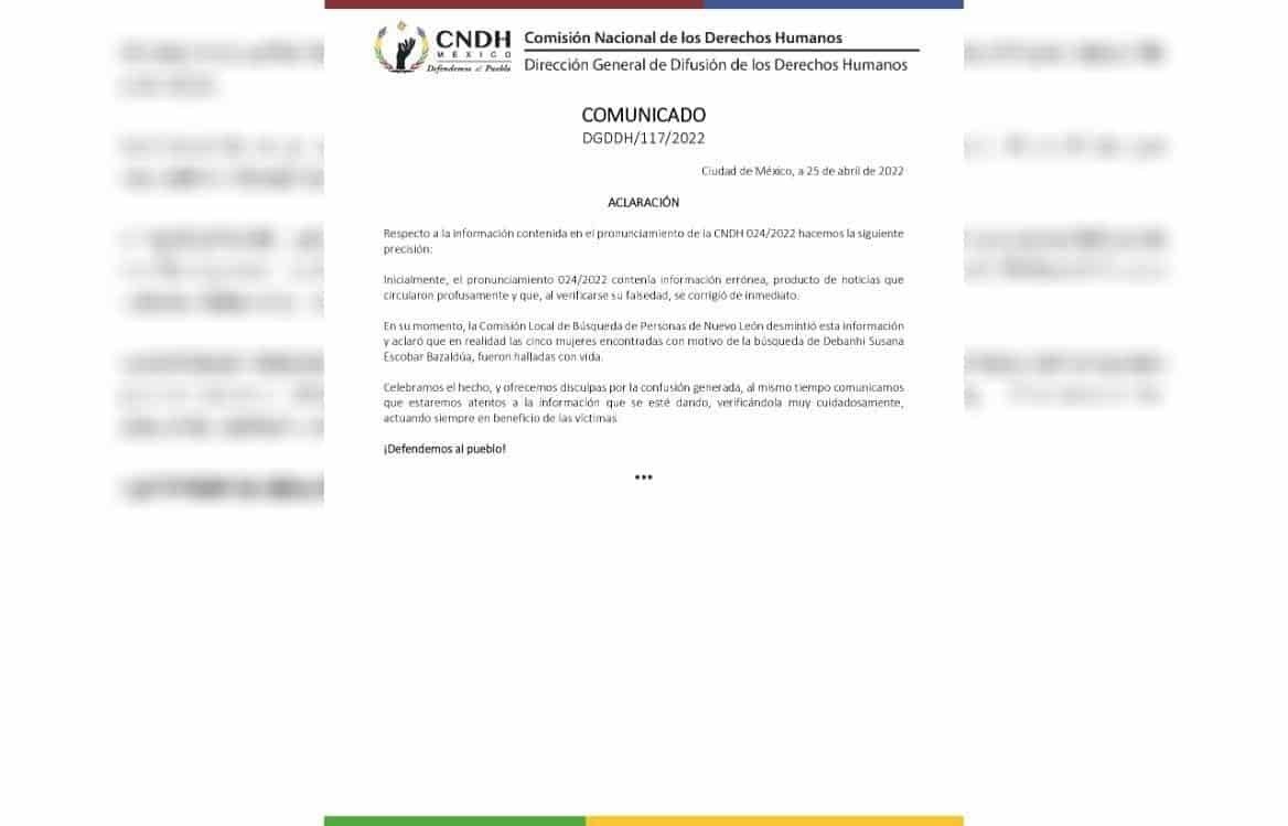 Corrige CNDH información sobre mujeres desaparecidas en Nuevo León