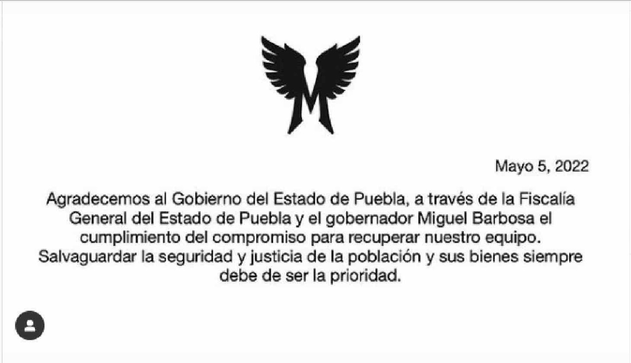 Recupera Moderatto equipo robado en Puebla