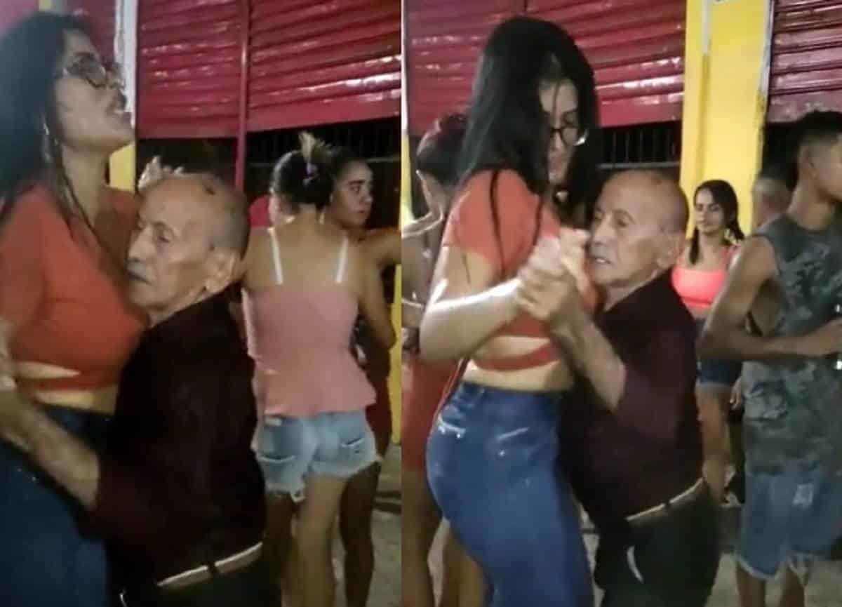 Abuelito saca brillo a la pista de baile con joven mujer