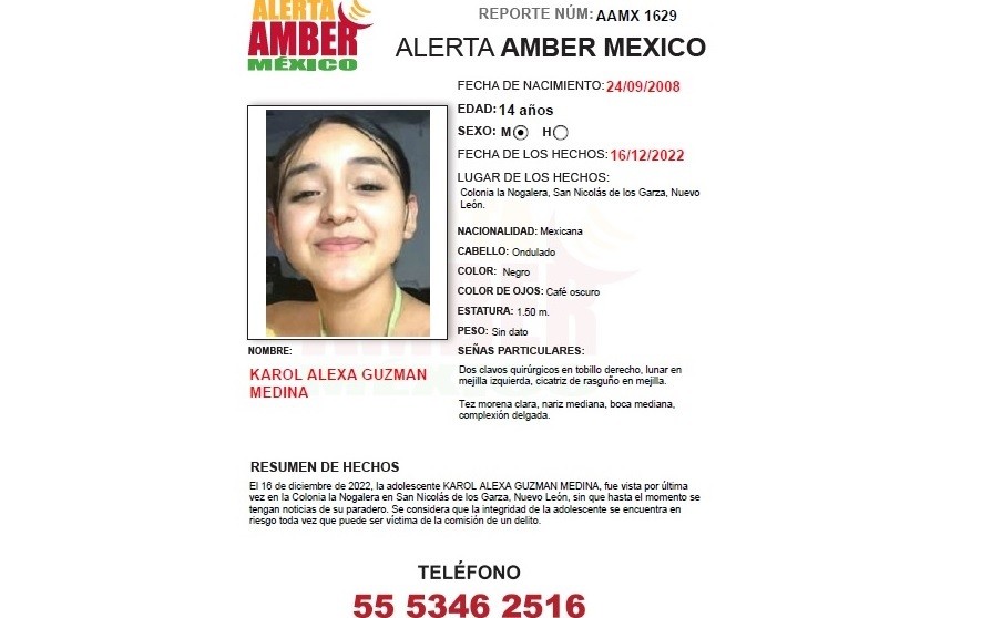 Karol Alexa Guzmán Medina, de 14 años de edad, desapareció el pasado 16 de diciembre en la colonia La Nogalera, del municipio de San Nicolás de los Garza. Foto: Facebook Alerta AMBER México Oficial