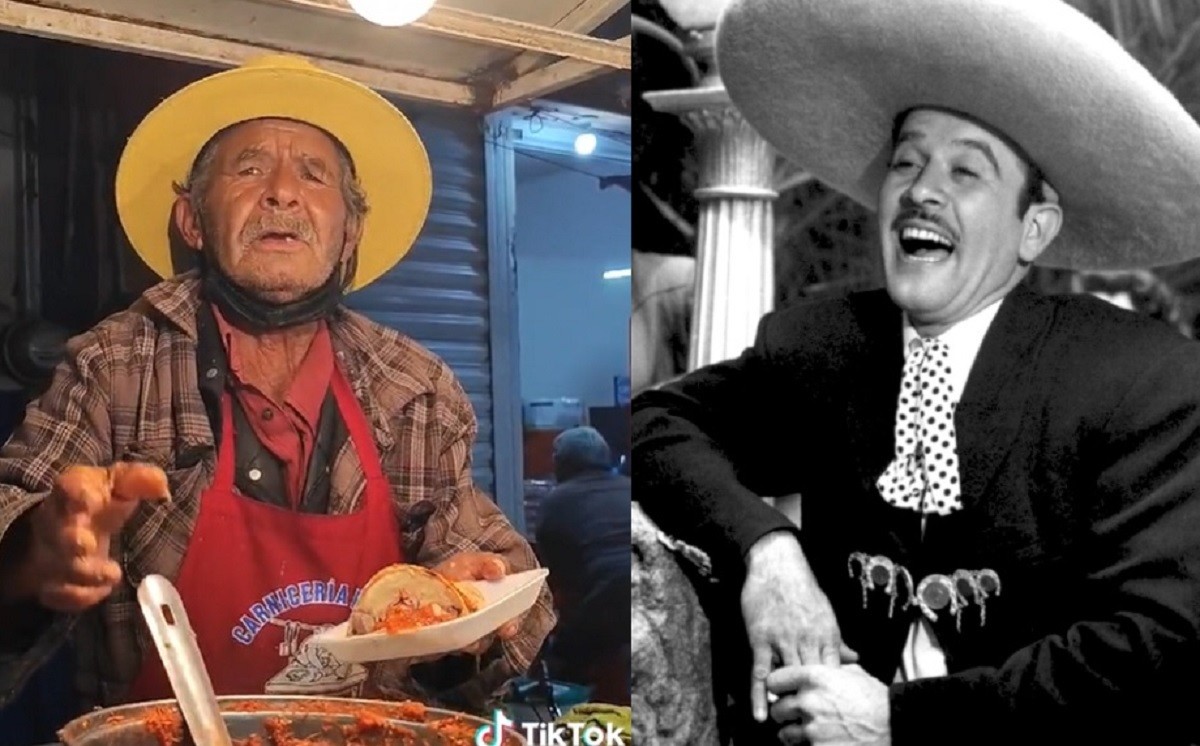 Un taquero de la tercera edad sorprende a sus clientes al cantar como Pedro Infante. Foto: TikTok rubenmenchacamares / La Vieja Guardia