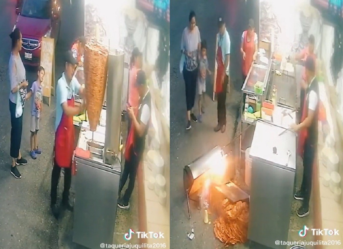 Un taquero vive un vergonzoso momento al caérsele el trompo para preparar tacos al pastor. Foto: TikTok taqueriajuquilita2016