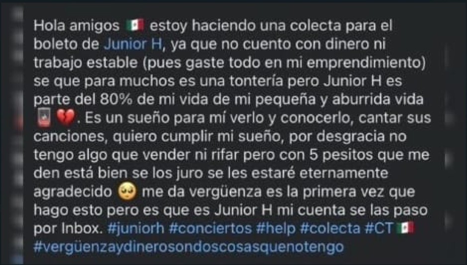 ¡Su sueño es ver a Junior H!... joven pide dinero para ir a concierto