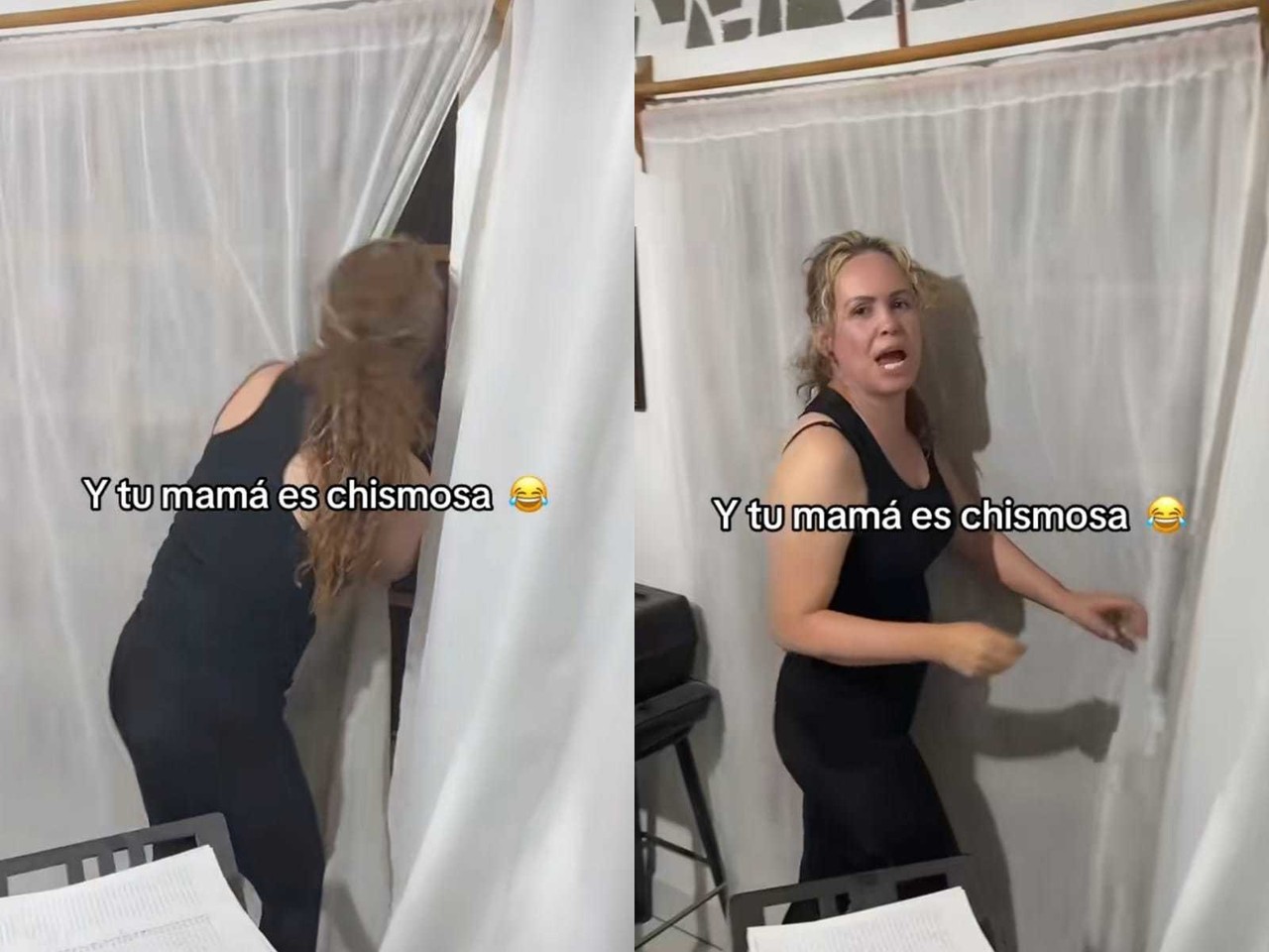 La mujer al ser sorprendida, regaña al joven quien se ríe de la situación. Foto: Tiktok.