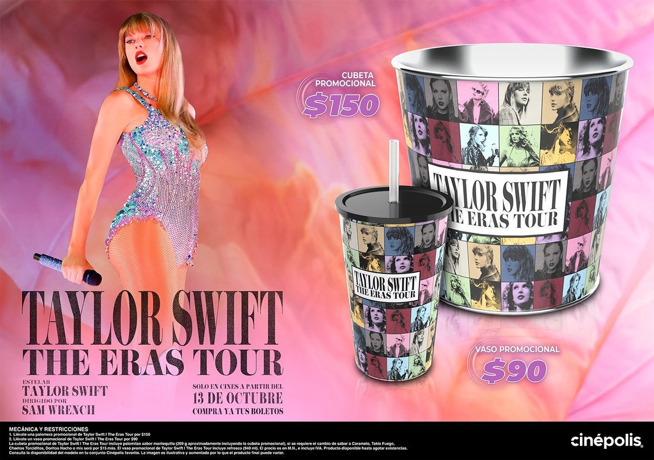 En la publicación de Cinépolis se detalla que el costo de la cubeta de Taylor Swift será de 150 pesos, mientras que el vaso coleccionable estará a 90 pesos. Foto: Twitter/ @Cinepolis