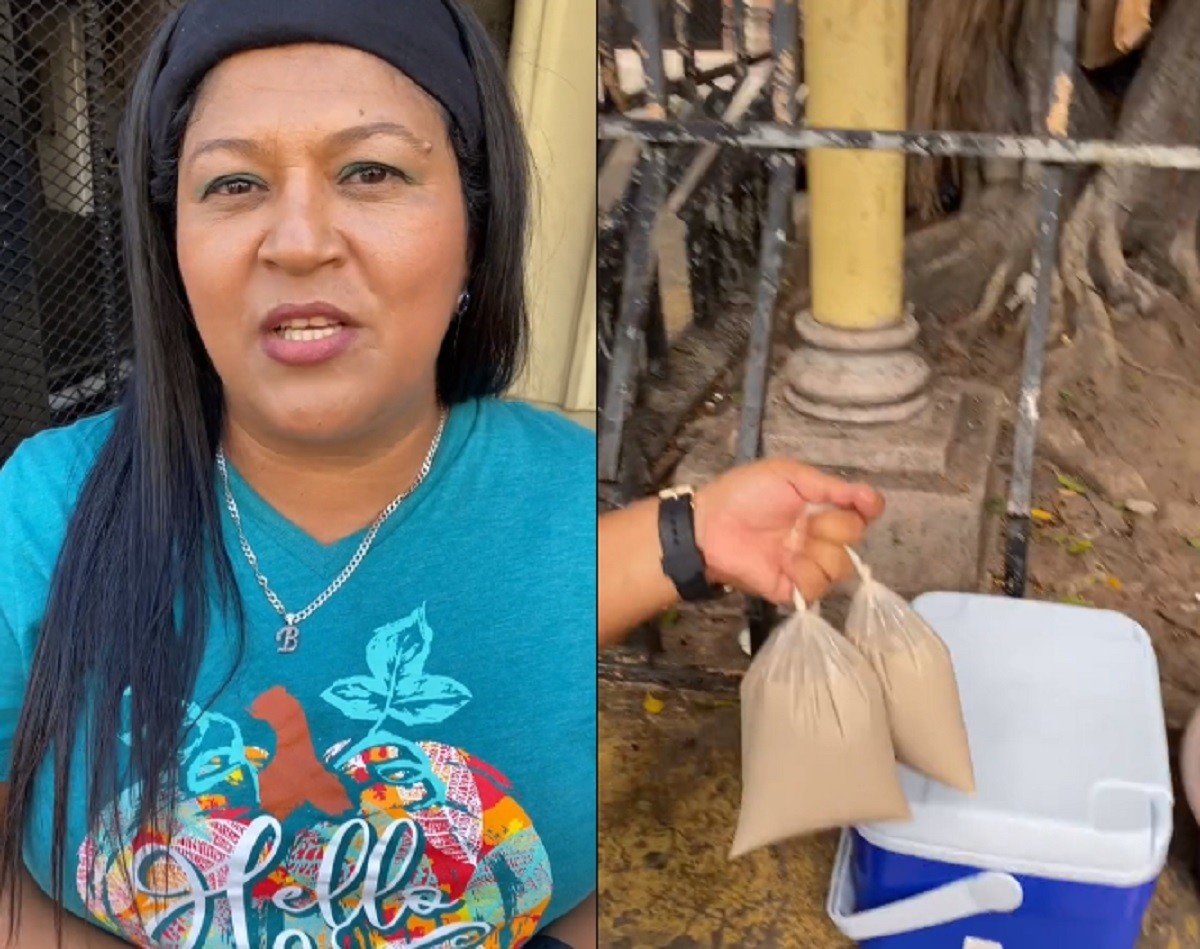 Míriam Celaya, mejor conocida como 'Lady Frijoles', reapareció vendiendo horchatas y catrachas en una plaza de Tegucigalpa, Honduras. Foto: TikTok elrudhin