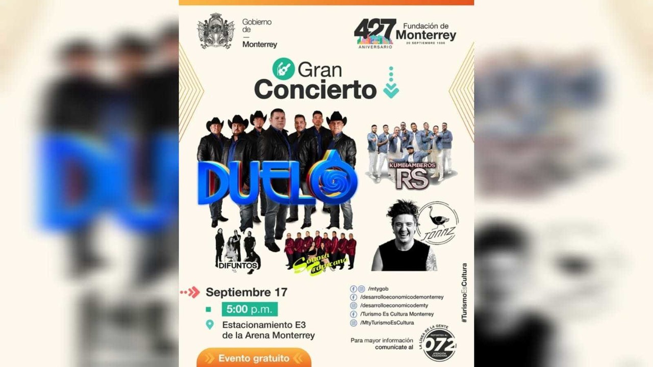 'El Gran Concierto' contará con la participación de Duelo, Jonaz, Sonora Tropicana, Kumbiamberos RS y Difuntos. Foto: Facebook Gobierno de Monterrey