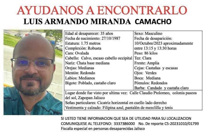 Luis Armando Mirando Camachoel desapareció el 10 de octubre entre las 13:15 y 13:30 horas en la calle Claudio Ptolomeo de la colonia Paseo del Sol, en el municipio de Zapopan. Foto: FEPD