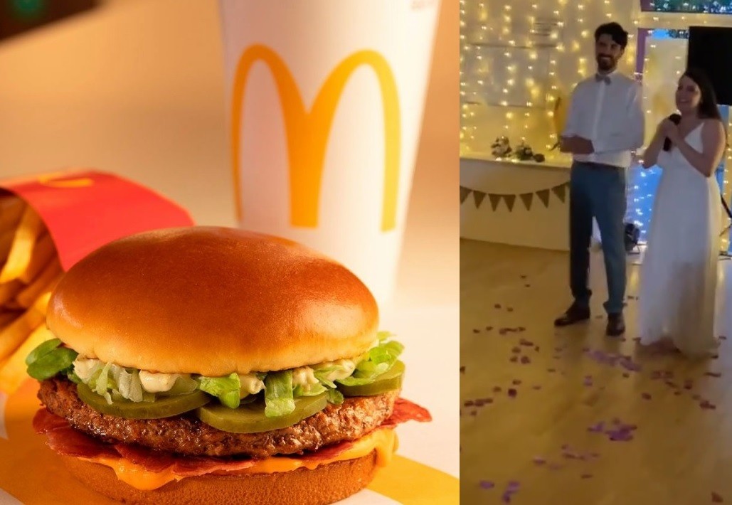 Una pareja de novios franceses sorprendieron a los invitados de su boda al ofrecer como banquete hamburguesas de McDonald's. Foto: Business Insider México / TikTok thomasbillaudeau