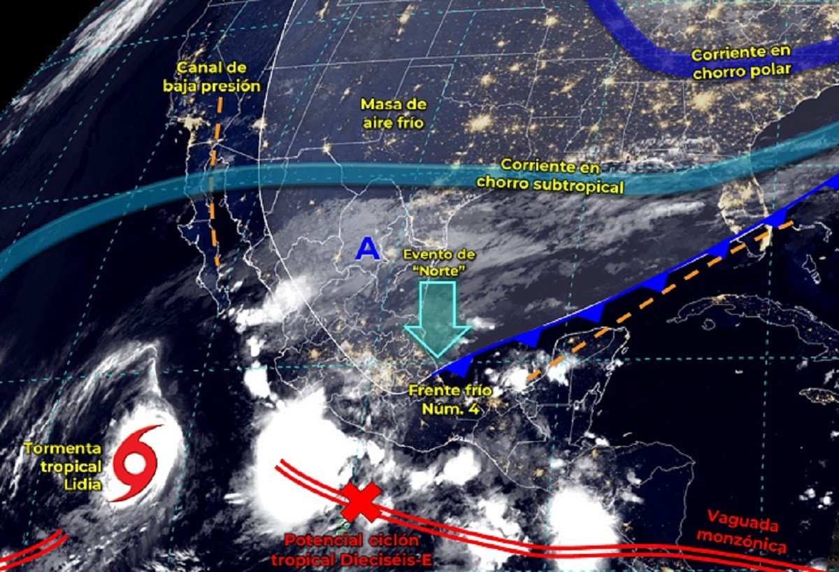 Las precipitaciones mencionadas serán originadas por el frente frío número 4, que se extenderá desde el oriente del Golfo de México hasta el sureste del país e interaccionará con la circulación del potencial ciclón tropical Dieciséis-E al sur de Guerrero. 