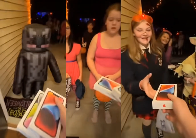 Joven sorprende a niños con regalos de iPhone 15 en Halloween