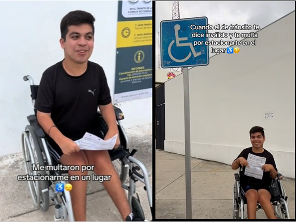Un jóven de silla de ruedas de nombre Diego Rebolledo denunció ser multado por estacionarse en un lugar para discapacitados . Fotos. Facebook