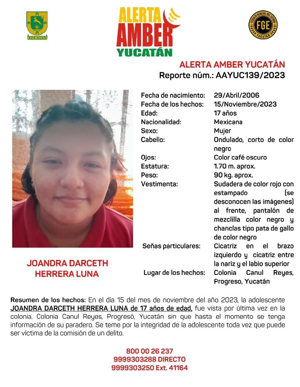 Alerta AMBER en Yucatán: Buscan a Joandra Darceth Herrera Luna