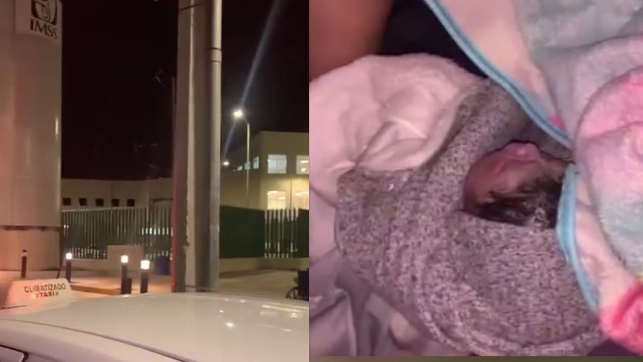 En redes sociales circularon videos e imágenes del instante en que la mujer da a luz a su hijo arriba del taxi y a escasos metros se ve a la clínica del IMSS. (Fotografías: Redes sociales)