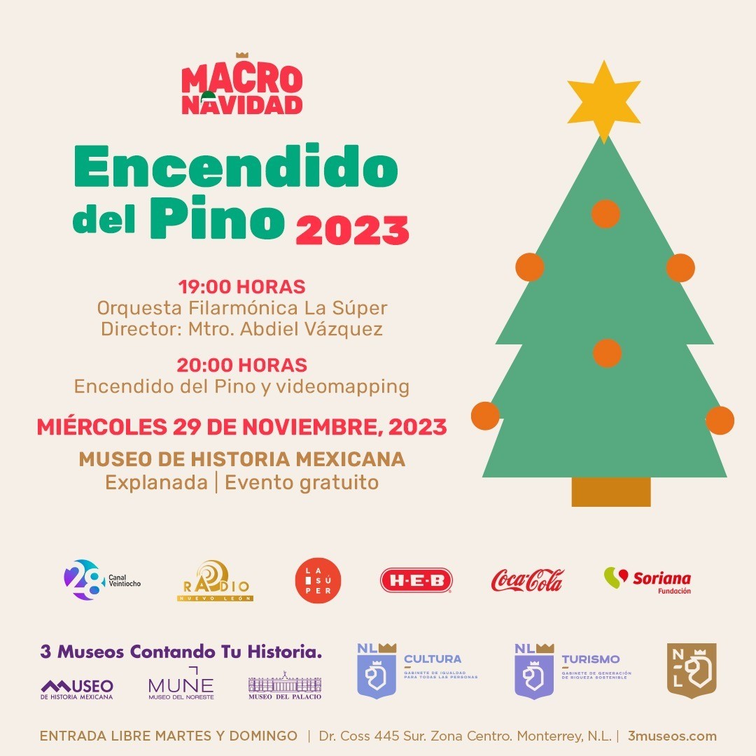 El encendido del pino de 3 Museos forma parte importante de la Macro Navidad y marca el inicio de la temporada navideña en Nuevo León. Foto. Cortesía