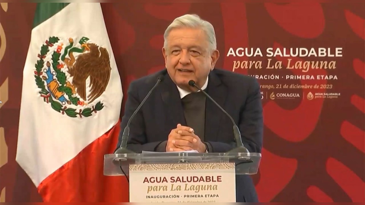 El presidente Andrés Manuel López Obrador estuvo en Durango para inaugurar la primera etapa del proyecto Agua Saludable para la Laguna. Foto: Captura de pantalla.