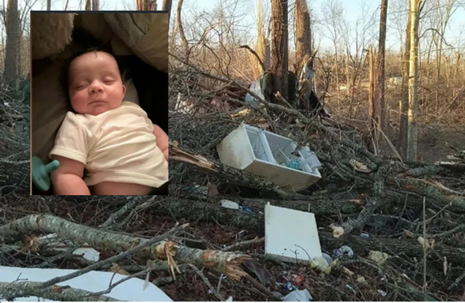 Encuentran vivo a un bebé en un árbol tras ser arrastrado por un tornado. Foto. Cortesía Sydney Moore