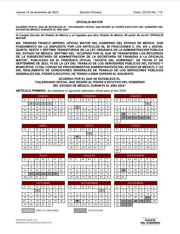 Listo el calendario laboral de 2024 en Edomex, se lo mostramos POSTA