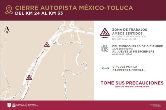 Cierre parcial de la autopista México-Toluca. Foto: @SOBSECDMX