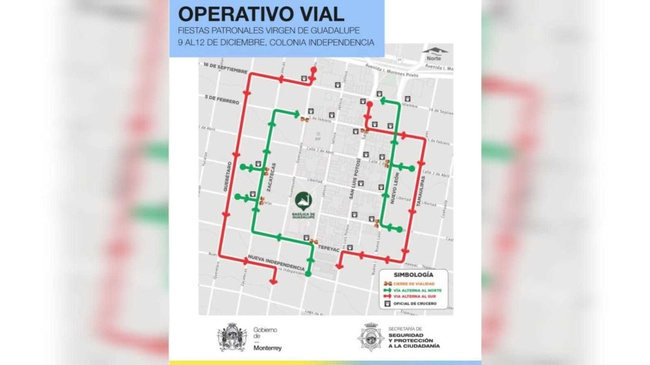 El cierre de vialidades en la zona del Santuario de la Virgen de Guadalupe comenzará a las 7:00 horas del sábado 9 de diciembre de 2023. Foto: Facebook Secretaría de Seguridad de Monterrey