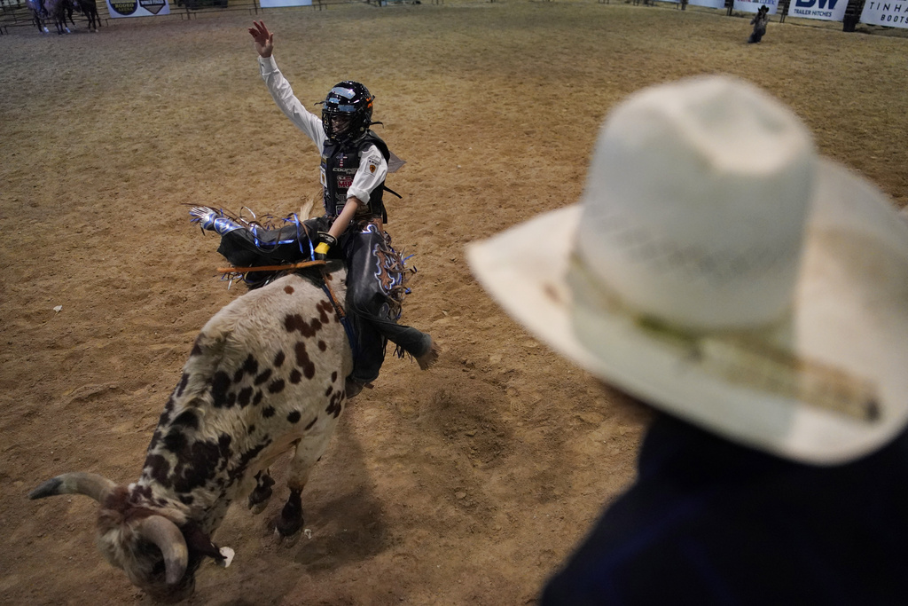 Najiah, una estudiante de secundaria de un pequeño pueblo de Oregon, está en una búsqueda de un año para convertirse en la primera mujer en competir al más alto nivel de la gira Professional Bull Riders. (Foto AP/John Locher)