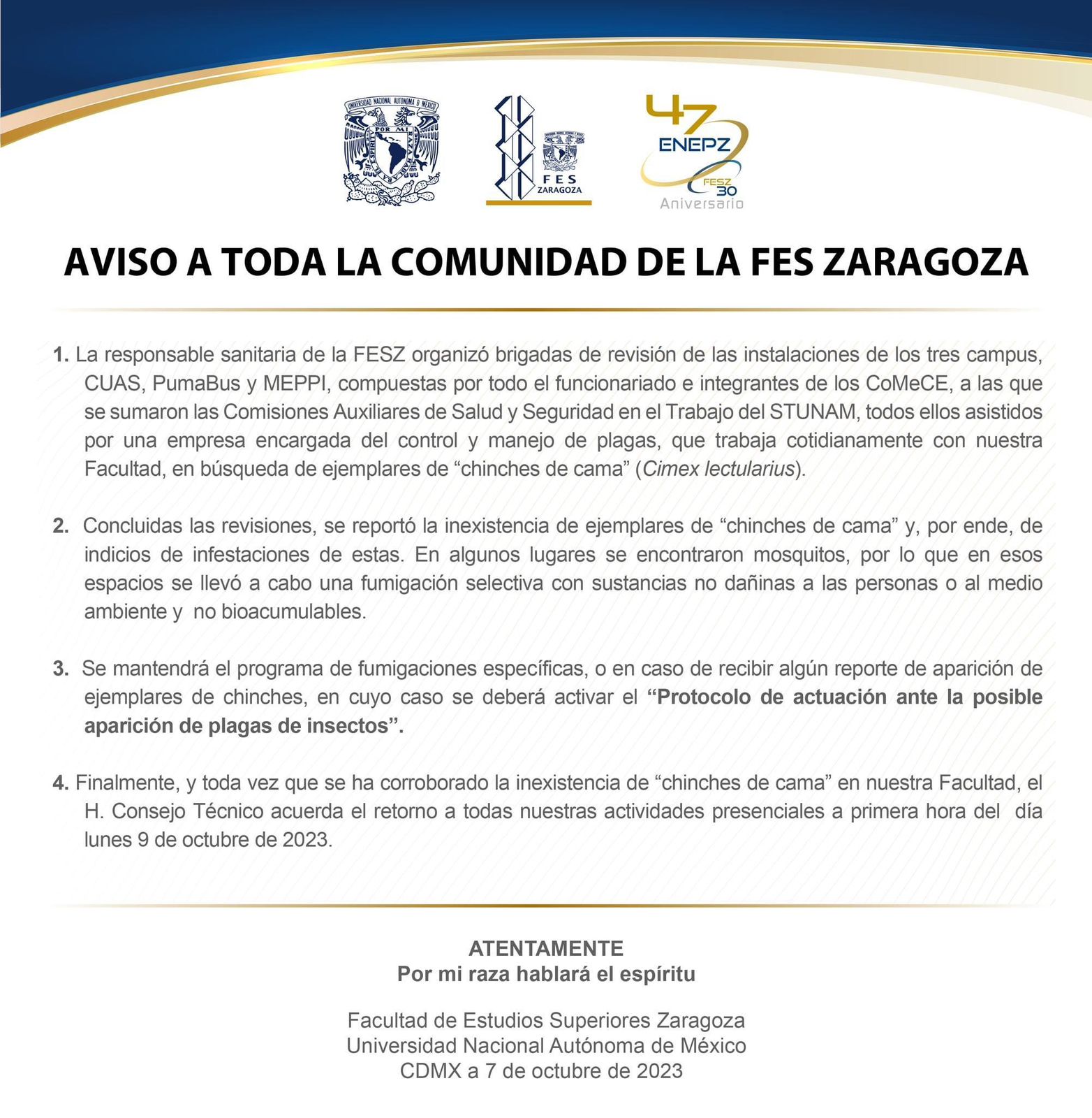Comunicado de la FES Zaragoza.