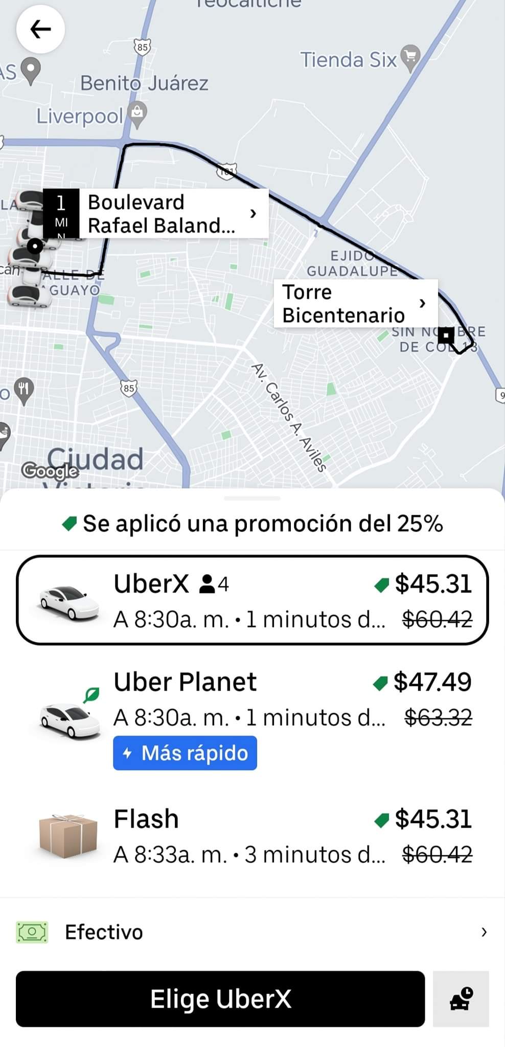 Viaje Uber. Foto: Uber app
