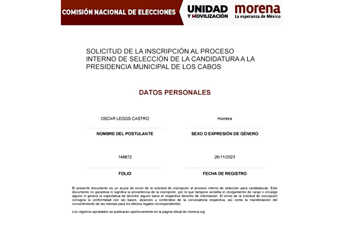 Solicitud de inscripción al proceso interno de Morena para la candidatura a la presidencia municipal de Los Cabos