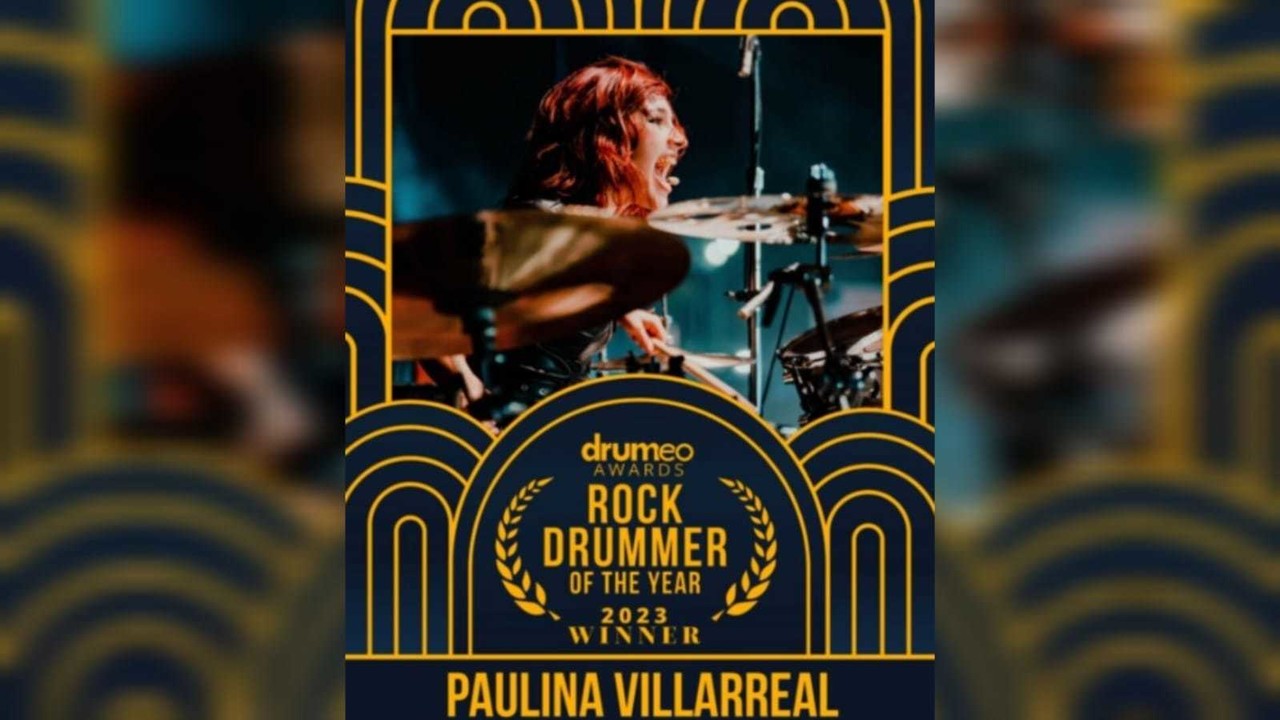 La regiomontana Paulina Villarreal, de la banda 'The Warning',  fue galardonada con el premio Drumeo como la mejor baterista de rock del 2023. Foto: Twitter @Drumeo