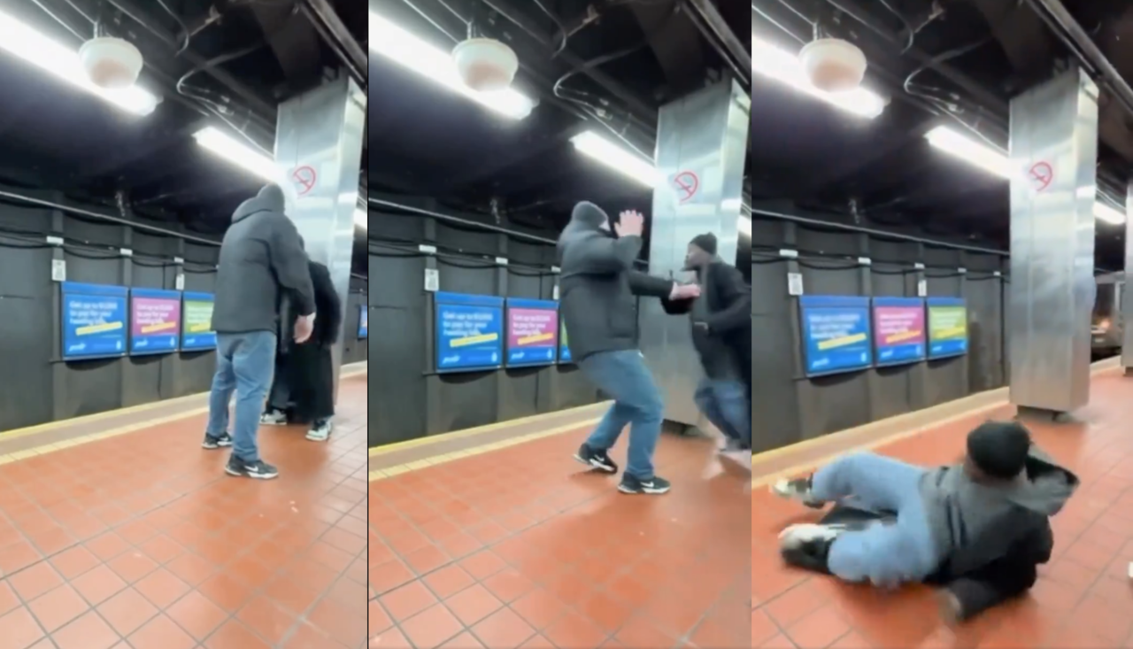 En el video que circula en redes sociales, se puede ver a un hombre vestido con un abrigo oscuro y un sombrero negro golpeando a su contrincante. Foto: Captura de pantalla