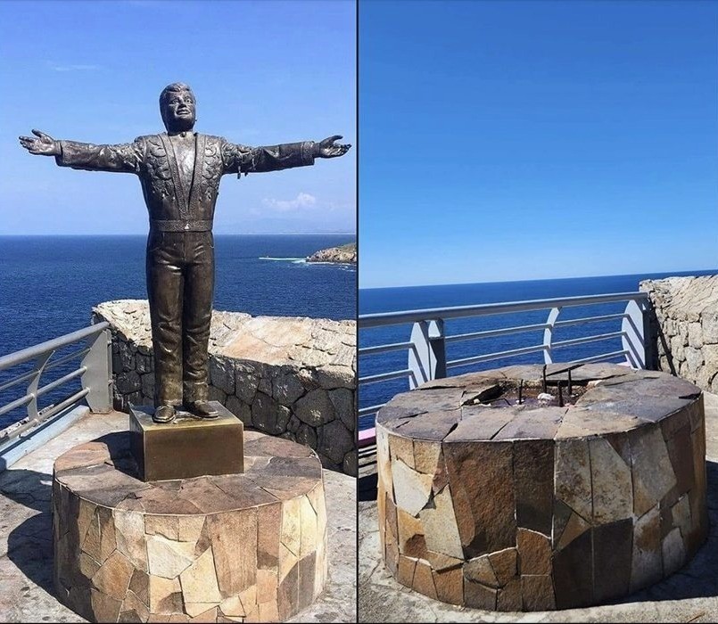 En redes sociales comenzaron a circular fotos de que ya no está en dónde debería la estatua de 1.80 metros de altura elaborada en bronce con un peso de aproximadamente 700 kilos. Foto: Quadrantín Guerrero.
