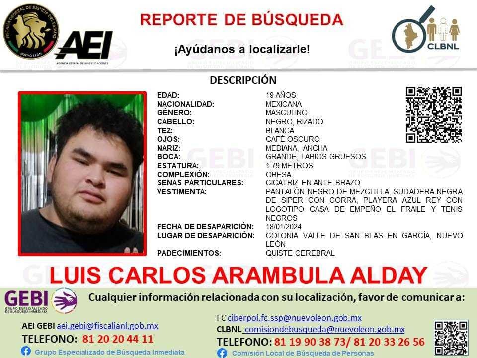 Luis Carlos desapareció el 18 de enero en la colonia Valle de San Blas en el municipio de García, Nuevo León.