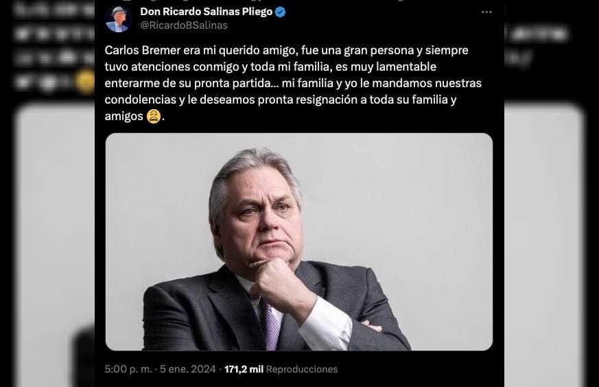 Carlos Bremer, reconocido empresario regiomontano, falleció a los 63 años después de permanecer internado en un hospital de San Pedro Garza García. Foto: Twitter.