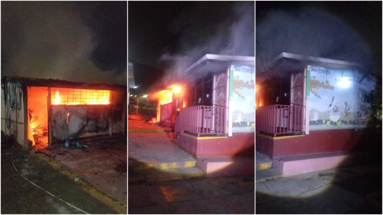 Policías y vecinos trabajaron en conjunto para apagar un incendio en un kinder en Escobedo. Fotos. Cortesía