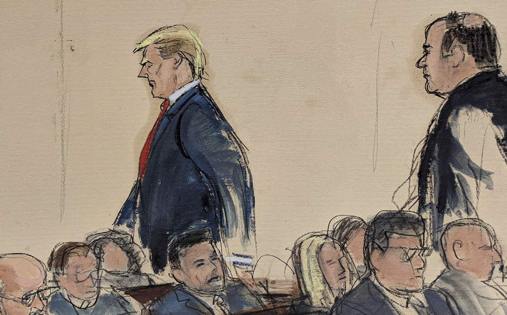 En este boceto de la sala del tribunal, el viernes 26 de enero. 2024, Donald Trump, a la izquierda, es seguido por su abogado interno Boris Epshteyn, mientras sale de la sala del tribunal federal, en Nueva York. (Elizabeth Williams via AP)