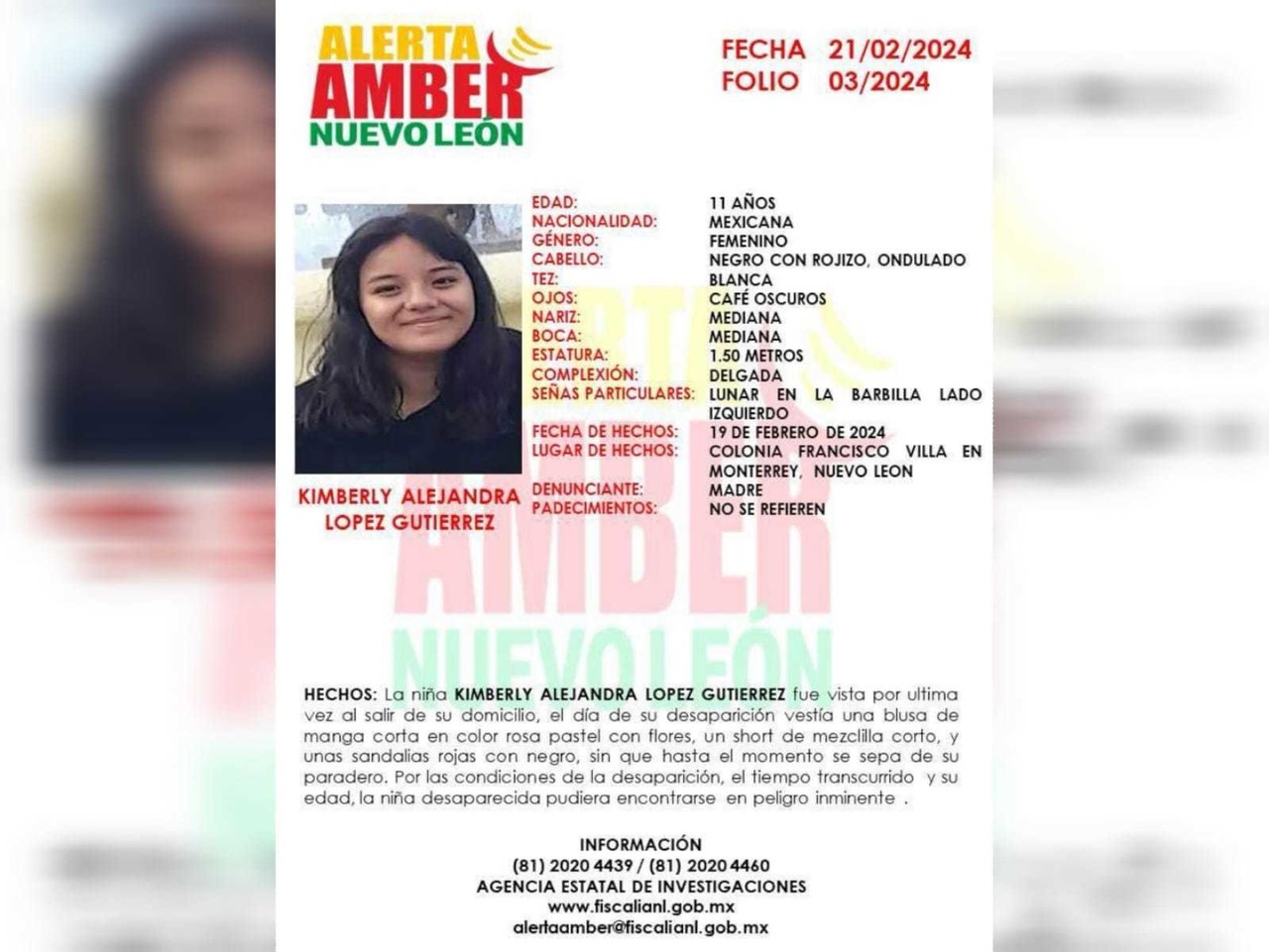 Activan Alerta Amber por niña de 11 años desaparecida en Monterrey