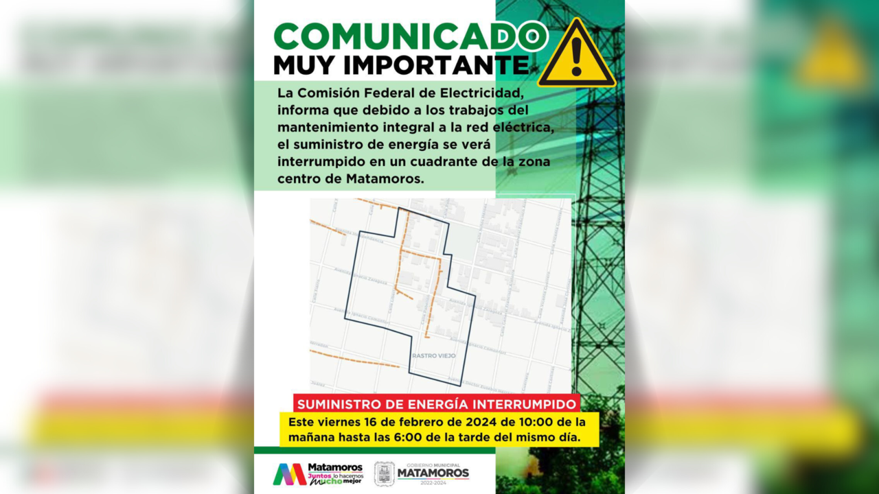CFE alerta corte de energía eléctrica en la zona centro de Matamoros