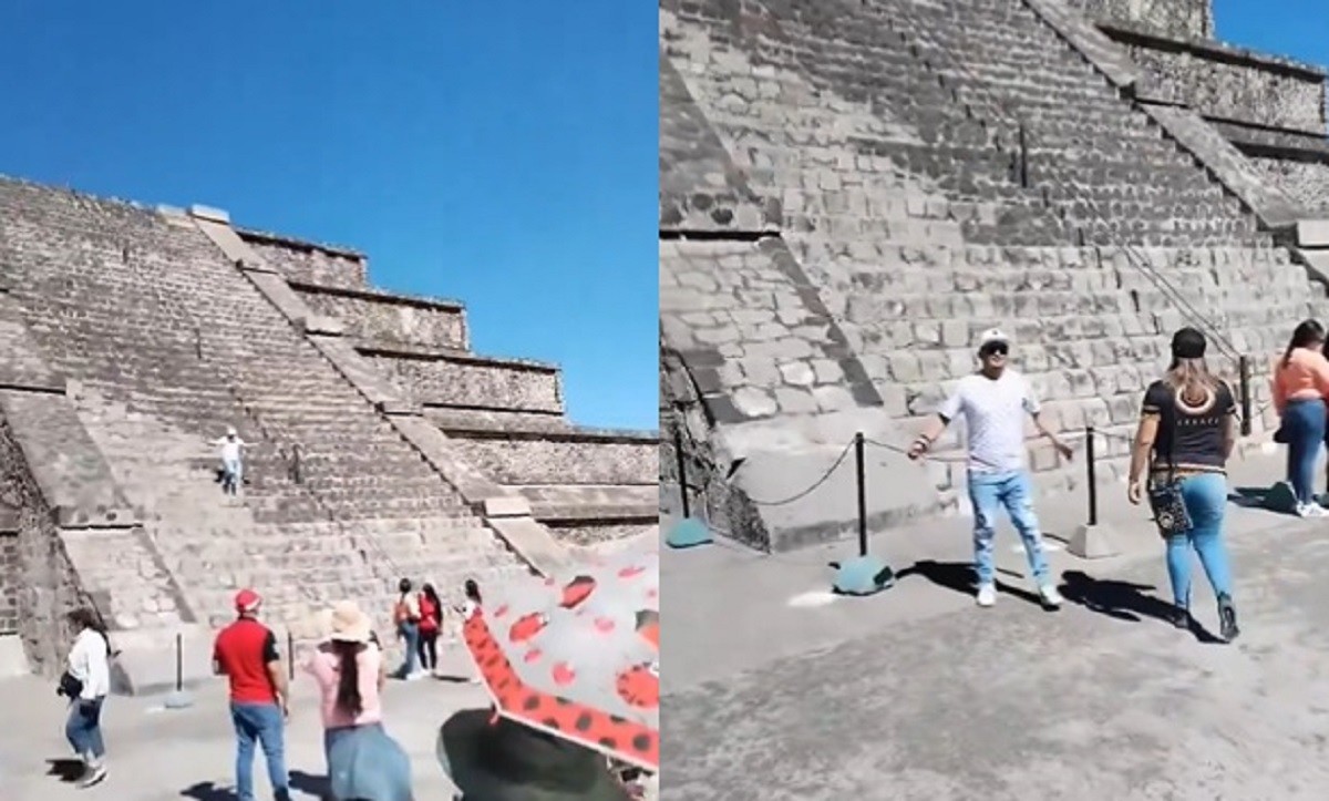 Un turista subió a la Pirámide de la Luna pese a estar prohibido. Foto: Twitter @MrElDiablo8