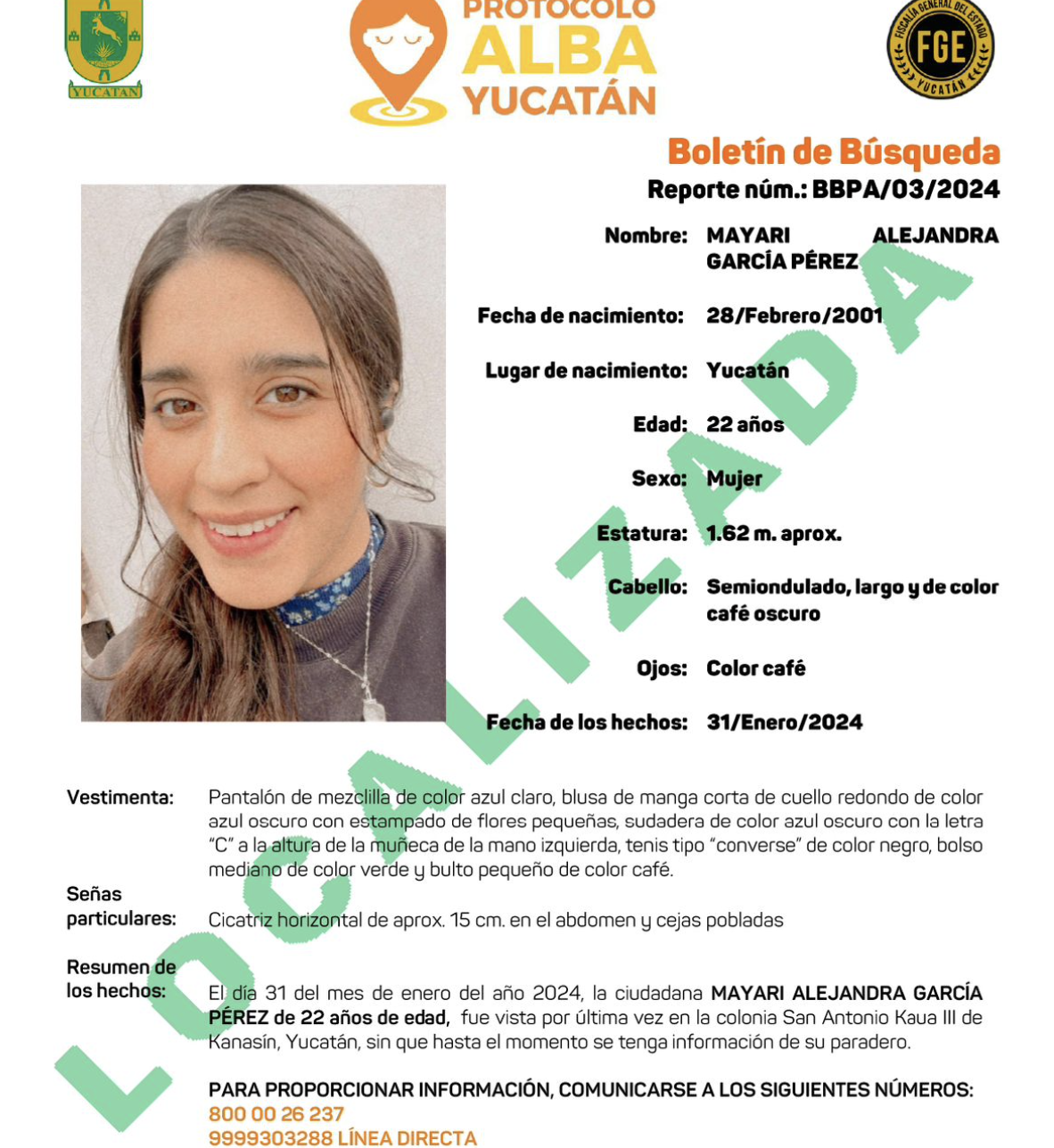 Mayari Alejandra García Pérez fue reportada como desaparecida el 31 de enero y se señalaron algunas versiones sobre el hecho.- Foto de la FGE Yucatán