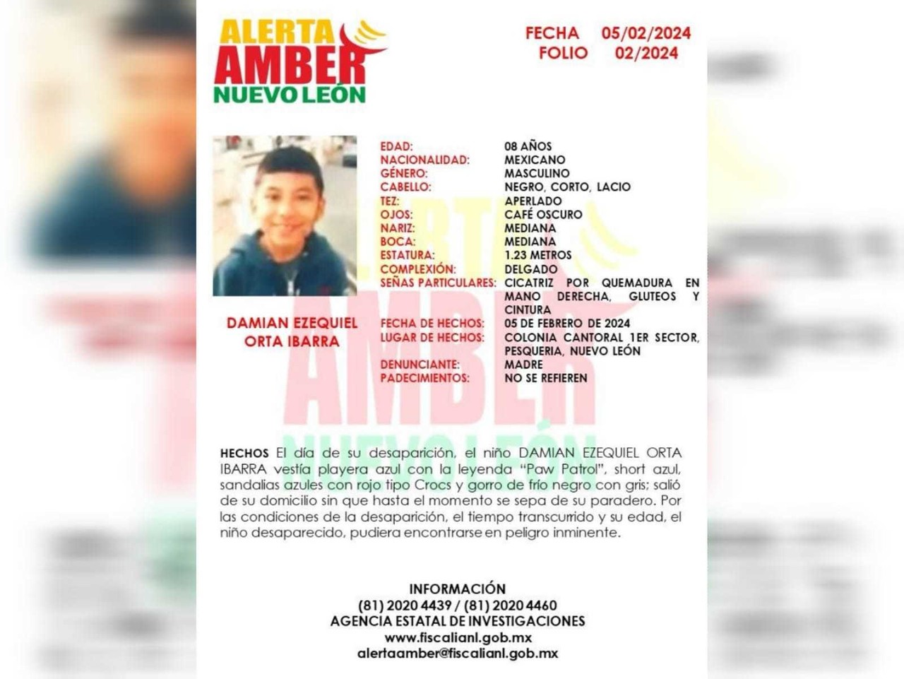 Activan Alerta Amber por niño de 8 años desaparecido en Pesquería