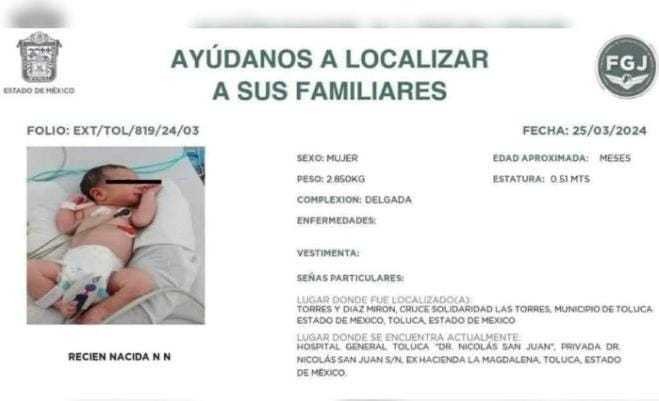 Buscan a familia de recién nacida abandonada en Metepec. Foto: Especial