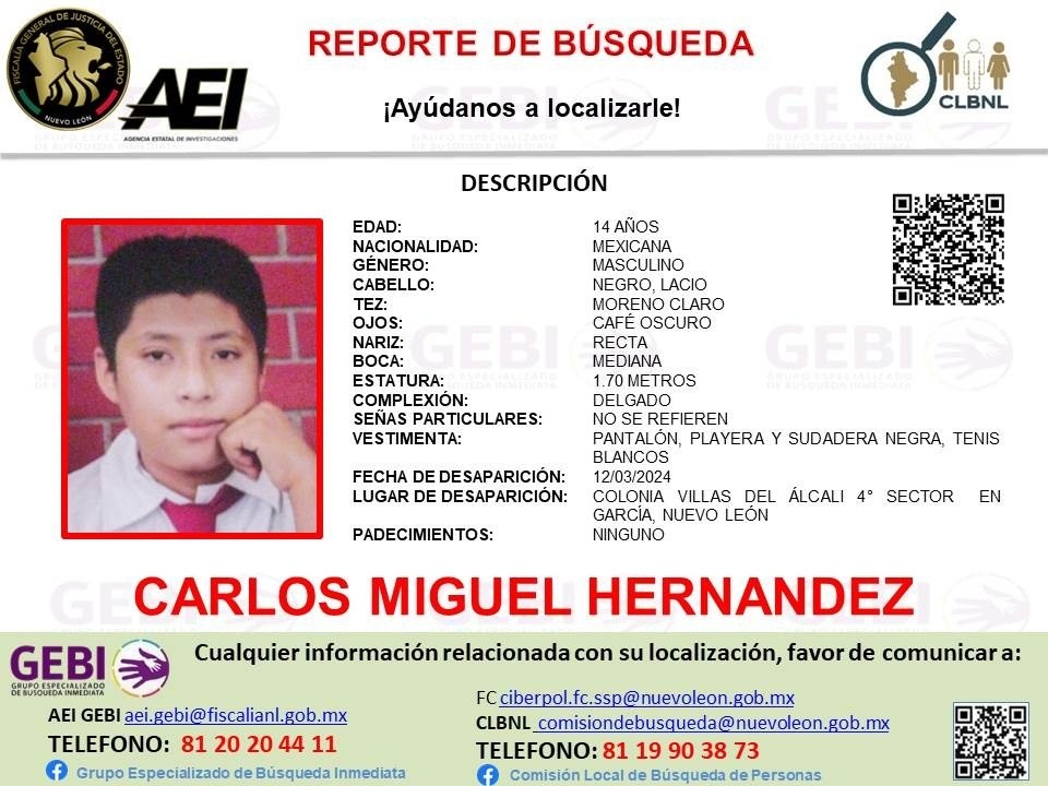 Desaparece niño de 14 años en García