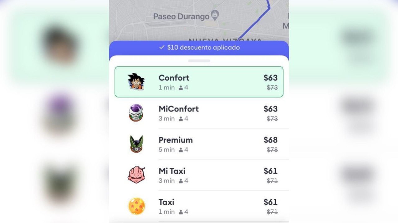 Personajes de Dragon Ball aparecen en aplicación de taxi en Durango. Foto: Captura de pantalla.