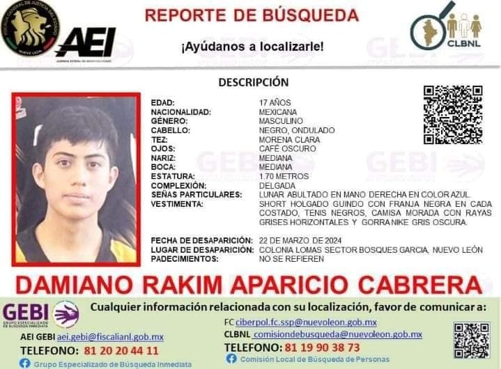 Se busca al joven Damiano Rakim Aparicio Cabrera, acudió a un partido de voleibol. Foto: Fiscalía General de Justicia NL
